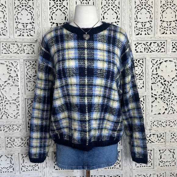 Paul Harris Design Plaid Blue Mohair Blend Fuzzy Grandpa Sweater Sz XL - Picture 1 of 7